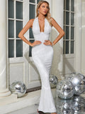 Halter Deep V Neck Sequin Maxi Dress-Outfit