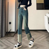 Patchwork Straight Cropped Pants Spring Autumn High Waist Women's Clothing Stylish Distressed Button Commute Basic Jeans-Outfit