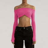 Through Mesh Crop Top Women Pullovers Strapless Short Knit Cropped Tops Ladies Tee Shirt Sexy Off-shoulder T-shirt-Outfit