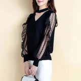 Fashion V-Neck Women's Mesh Long Sleeve T-shirt Spring Autumn All-match Female Clothing Ruffles Spliced Solid Color Tops-Outfit