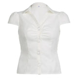Fongt New Temperamental Femininity Polo Collar Short-Sleeved Shirt Hottie Street Commute Wrinkles On The Top