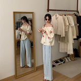 Chic Floral Printed Slash Neck Folds Top Women Sweet Ruched Loose Short Blouse Summer New