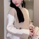 new knitted women thickened turtleneck color-blocked sweater skirt y2k Korean style lazy slim two-piece suit-Outfit