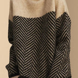 Autumn Winter Vintage Striped Patchwork Loose Knitted Sweaters Female Fashion Korean Warm Thick Half High Collar Jumpers-Outfit
