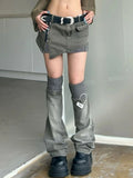 Retro Stripe Patchwork Denim Skirts Y2k Irregular High Waist Skirt for Women+ Leg Warmer Spring New Two Piece Sets-Outfit