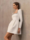 Square Collar Diamond Long Sleeves White Mini Dress-Outfit