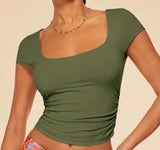New Hot Women Decorate Body Solid Color Summer Square Neck Casual T-Shirt