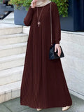 Fashion Women Pleated Muslim Dresses 2022 Spring Autumn Kaftan Long Sleeve Maxi Vestidos Casual Solid Loose Party