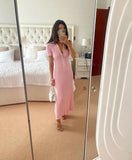 Fongt Summer New Women's Pure Color Collar Simple Long Dress