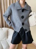 Big Button Cardigan for Women Loose Thickening Turn-down Collar Knit Sweater Autumn and Winter 2023 Grey Cardigan