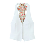 Fongt Women's Explosive Print Thin Scarf Ornament Hanging Neck Top High Waist Shorts Set