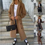 EABY Hot Autumn And Winter Simple Long Sleeve Lapel Button Open Fork Woolen Coat Woman-Outfit