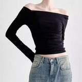 Fongt Wind Foundation Simple Solid Color One Word Collar Off-Shoulder Bottom T-Shirt 2023 New Temperament Age Reduction Slim Jacket-Outfit