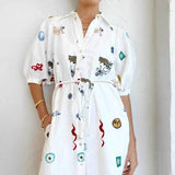Fongt 2024 Women's New Printed Lapel Long Style Waist Lace Shirt