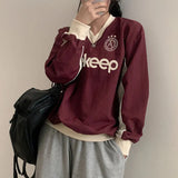 Preppy Contrast Color Letter Print V Neck Sweatshirt-Outfit