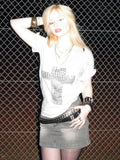 Fongt Sub-Series Cross Scald Copper Slanted Shoulder Loose Casual T-Shirt Hottie Street Sexy V-Neck On The Shoulder