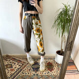 New Trend Sunflowers Printed Light Blue Jeans fit women young Girls soft denim long pant patchwork Harem hight waist