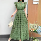 Fongt Niche Elegant Dress Women's High-End Lace Short Sleeves To Show Thin Multi-Layer Pongeist Long Dress