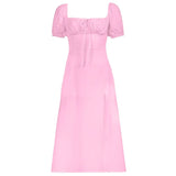 Drawstring Solid Summer Dress Beach Style Vintage Square Collar Puff Sleeve Long Dressees For Women 2021 Prairie
