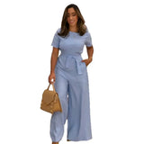 Fongt Summer Women's New Wide-Legged Jumpsuit Short-Sleeved Tie Belt Belt With Jumpsuit Woman