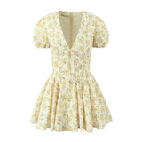 New Yellow Flower V-Neck Short-Sleeved Mini Dress-Outfit
