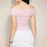 Fongt Style Sexy Lace Stitching Flower Short-Sleeve T-Shirt One-Line Shoulder Solid Color Slim Base Top-Outfit
