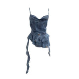 Real Shoot Spice Girl Swing Network Yarn Print Sling Vest Retivating Lotus Leaf Side Ribbon Short Top