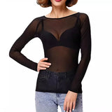 Fongt 2023 Autumn Black Full Transparent Mesh Yarn Bottom Shirt Female Long Sleeve Sexy Perspective Thin Net Shirt Super Elastic Gauze