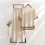 Fongt Simple Splicing Loose Short-Sleeved Sweater Top High Waist Thin Leg Pants Two Sets