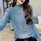 Plant Embroidery Half High Collar Pullovers Fashion Diamonds Spring Autumn New Spliced Women's Clothing All-match T-shirt-Outfit