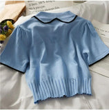 Summer Women Knitted Short Sleeve Patchwork Polo Collar Cropped T-shirts Girls Large Elastic Slim Tshirt Tees Crop Tops-Outfit