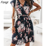 Print Short Sleeve V Neck Ruffles Summer Dress