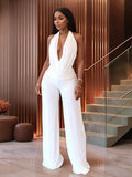 Fongt Hanging Neck Deep V Blouse Temperament Fashion Pure White Broad Leg Pants Two-Piece Set