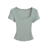 Trend Spice Girls Basic Style Large U-Neck Straight Shoulder Short-Sleeved T-Shirt Slim And Elastic Blouse-Outfit