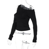 Black Asymmetrical Cut Out Off Shoulder Long Sleeve Top-Outfit