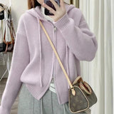 Version Of Solid Color Double Zipper Hooded Sweater Female Korean Early Autumn New Loose Style Soft Waxy Knitted Cardigan Jacket-Outfit