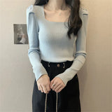 Fongt Collar Bottom Shirt Women's 2023 Autumn Winter New Knitting Low Coltleneck Sweater Short Black Bubble Sleeve Jacket