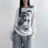 Autumn 2024 New Women's Sexy Hottie Side-Shoulder Loose Art Print Long-Sleeved