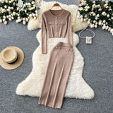 Fongt Fragrant High-Sense Metal Buckle Repair Short Long-Sleeved Knitting Top Female High-Waisted Hip Skirt Two