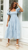 Plaid Puff Sleeve Midi Dress-Outfit