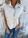 Fongt New Leisure Summer Loose Short-Sleeved Button Pocket Cotton Shirt Woman