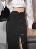 Vintage Buttoned Split Midi Skirt-Outfit