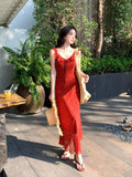 Fongt Xixi 2025 Summer New Korean Version Of High-Waisted Vacation Sling Dress V-Neck Print Pure Desire Skirt 88281