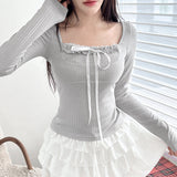 Stitching Square Neck Coquette Bow Long Sleeve Tee-Outfit