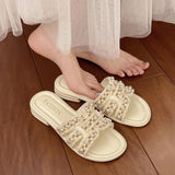 Fongt Summer New Small Scented Pearl Slippers Women Wear Flat Bottom One-Word Drag Beach Cool Drag Skirt