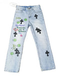 New Crowne Loose Printed Jeans Cross Leisure Straight Tube Loose White Washed Trousers-Outfit