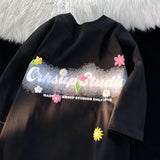 Pink Flower Stars Cartoon T Shirts Lovely Girls Loose Casual Cotton Tops Streetwear Oversized Summer Tee Korean