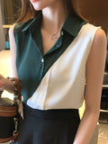 Women Shirts V-Neck Chiffon Button Up Shirt Sleeveless Patchwork Womens Top Fashion Clothes Woman 2023 Basic Ladies