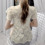Lace Ruffle Stitching Blouse Women V-neck 2023 Summer New Short Sleeve Tops Crochet Mesh New Chiffon Shirt Blusas