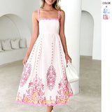 Fongt Women's Summer Fashion Printed Wave Dress With Sleeveless Backlace Sling Dress Woman